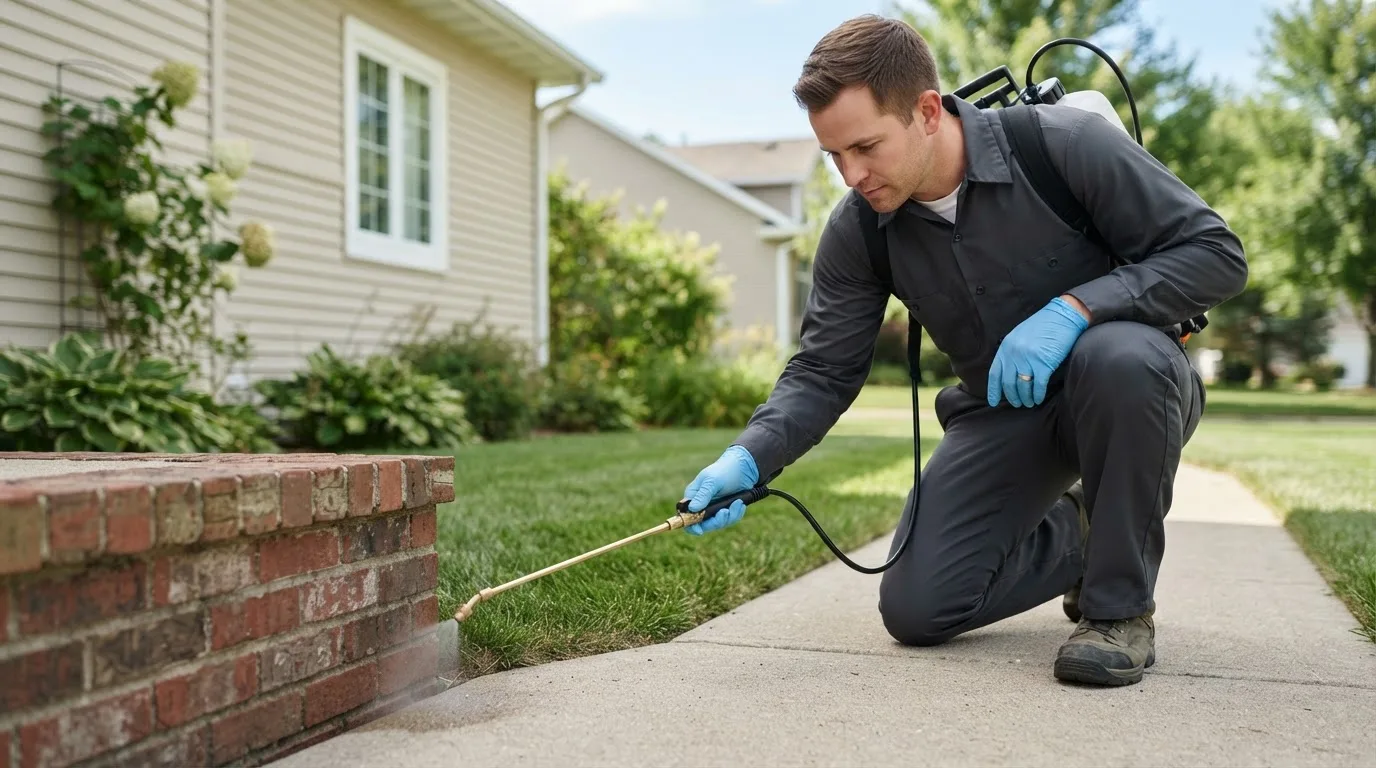 Pest control technician treating a home near Delmont, NJ